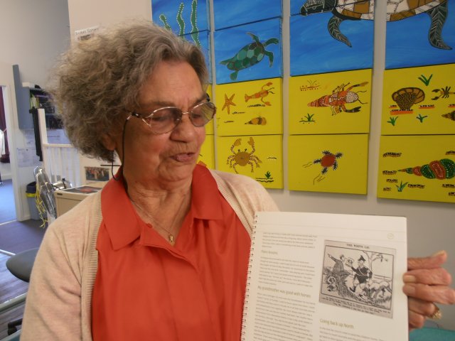 Joyce Dukes (nee Herbert) with copy of 1948 media clip, Umina 2013